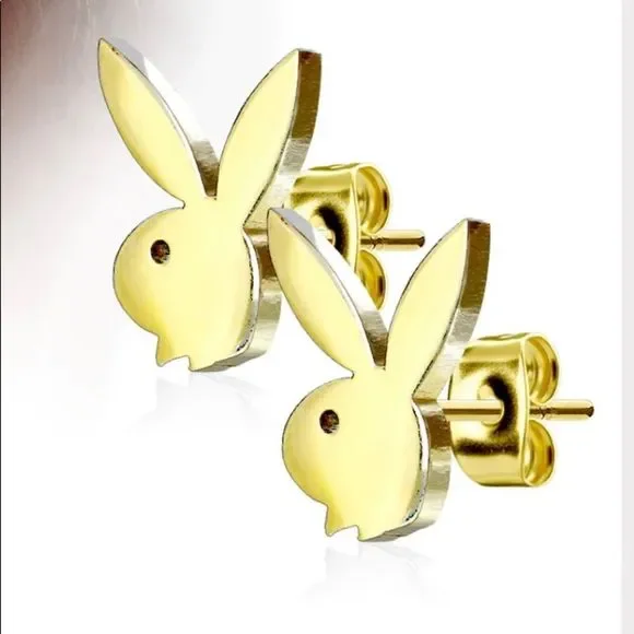 EARRINGS! Playboy Bunny “yellow gold” Stainless Steel Butterfly Clasp BNWOT - Picture 1 of 1
